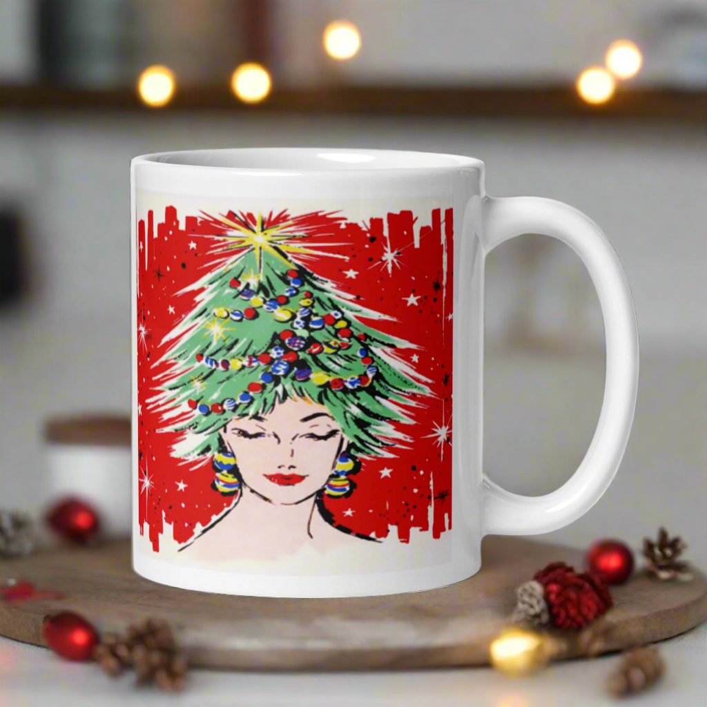 Christmas Tree Hat Lady Midcentury Retro Glossy Coffee Mug