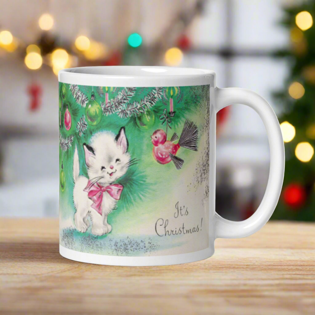 Christmas Kitten Mug Midcentury Retro Glossy Mug