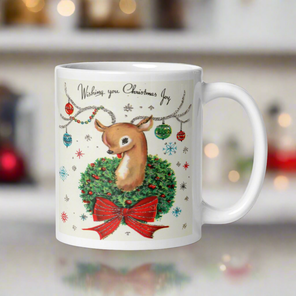 Wishing You Christmas Joy Reindeer With Ornaments Midcentury Retro Christmas Glossy Coffee Mug