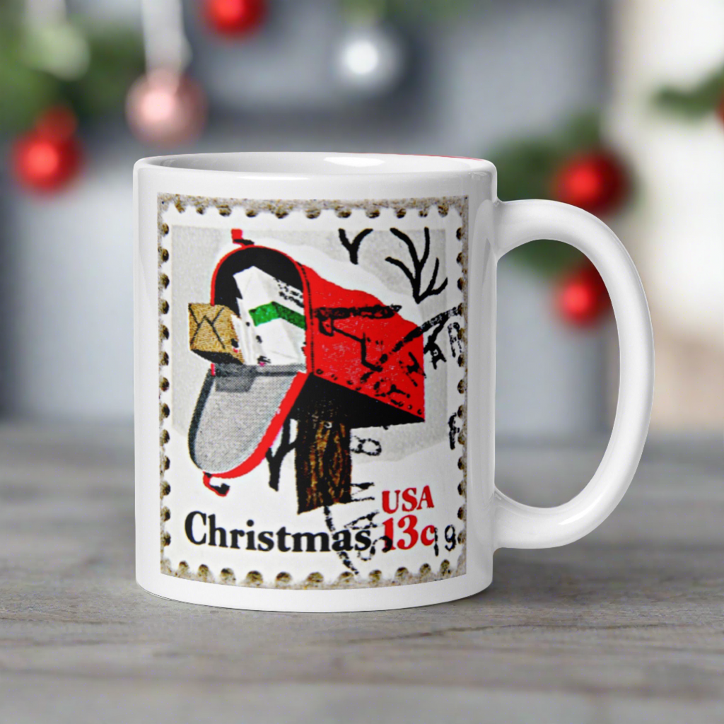 Christmas Stamp Mailbox Retro Christmas Print Glossy Mug