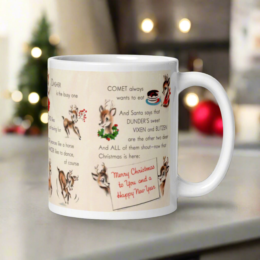 Santa’s Reindeer Story Christmas Midcentury Retro Glossy Coffee Mug