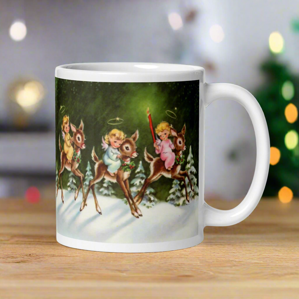 Angels And Reindeer Mid Century Retro Christmas Print Glossy Mug
