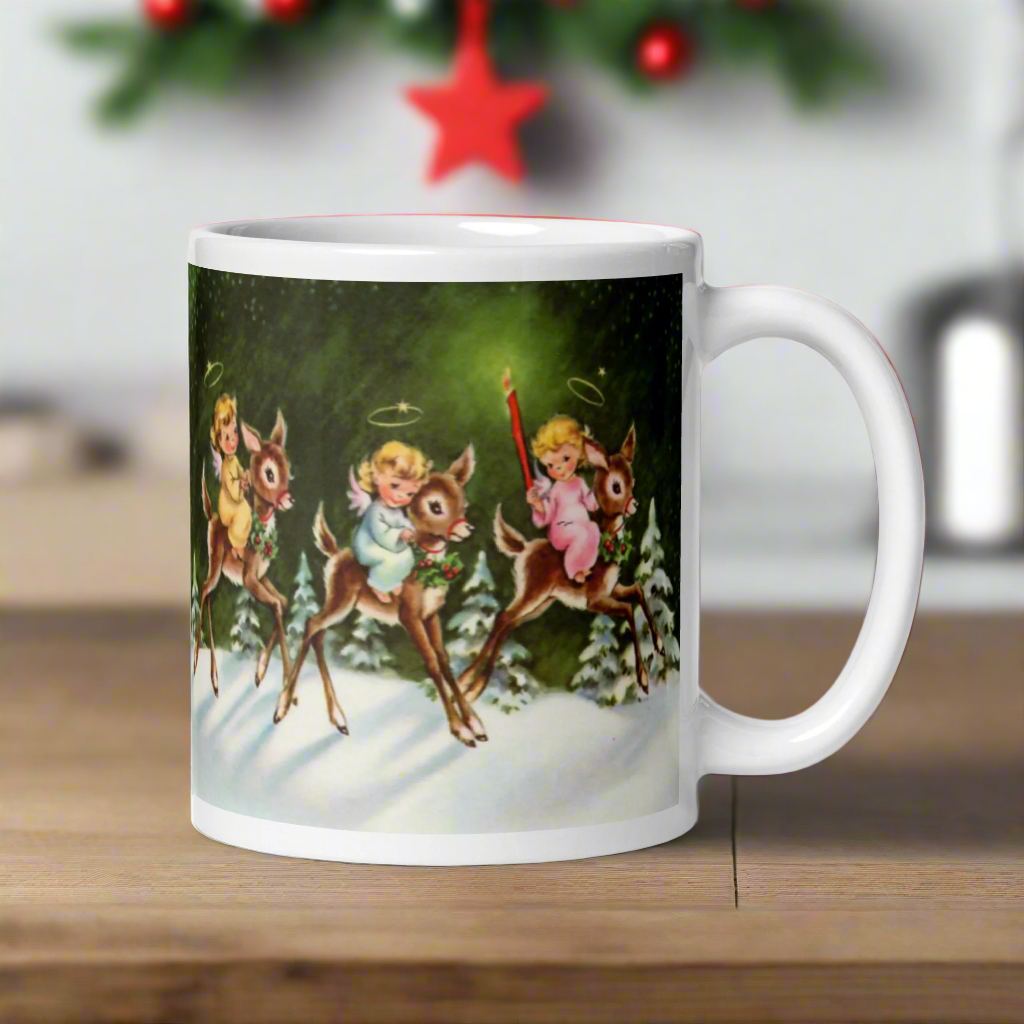 Angels And Reindeer Mid Century Retro Christmas Print Glossy Mug