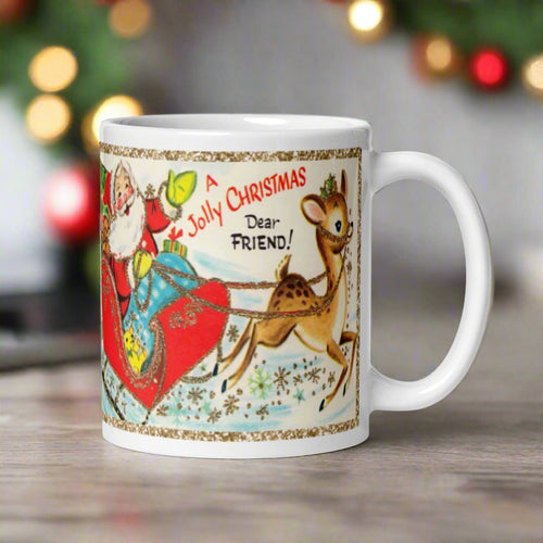 A Jolly Christmas Dear Friend Santa Reindeer Retro Christmas Glossy Mug
