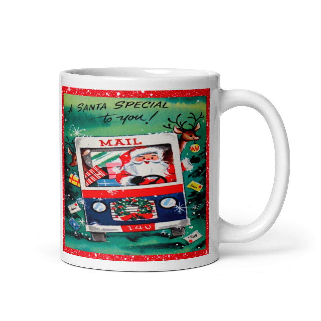Santa In Mail Truck Mid Century Retro Christmas Print Glossy Mug