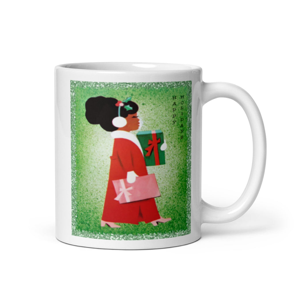 Happy Holidays Christmas Lady With Presents Mid Century Retro Christmas Print Glossy Mug