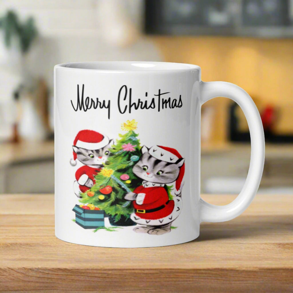 Merry Christmas Santa Christmas Cats Decorating Tree Mid Century Retro Christmas Print Glossy Mug