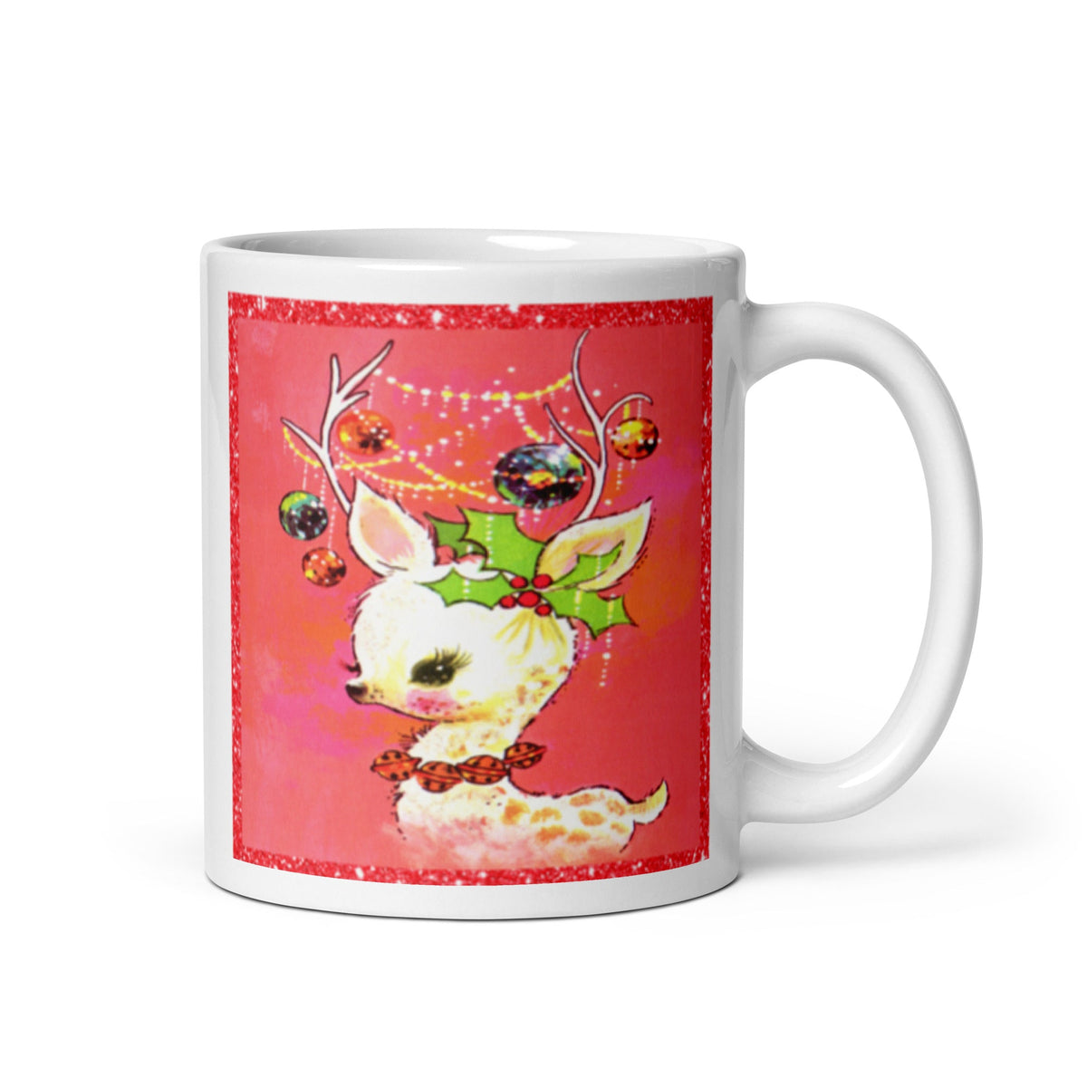 Reindeer With Ornaments Mid Century Retro Christmas Print Glossy Mug