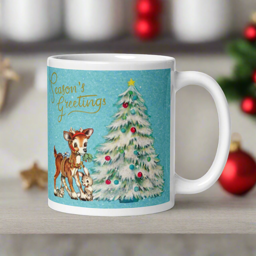 Seasons Greetings Reindeer Bunnies Retro Christmas Mug