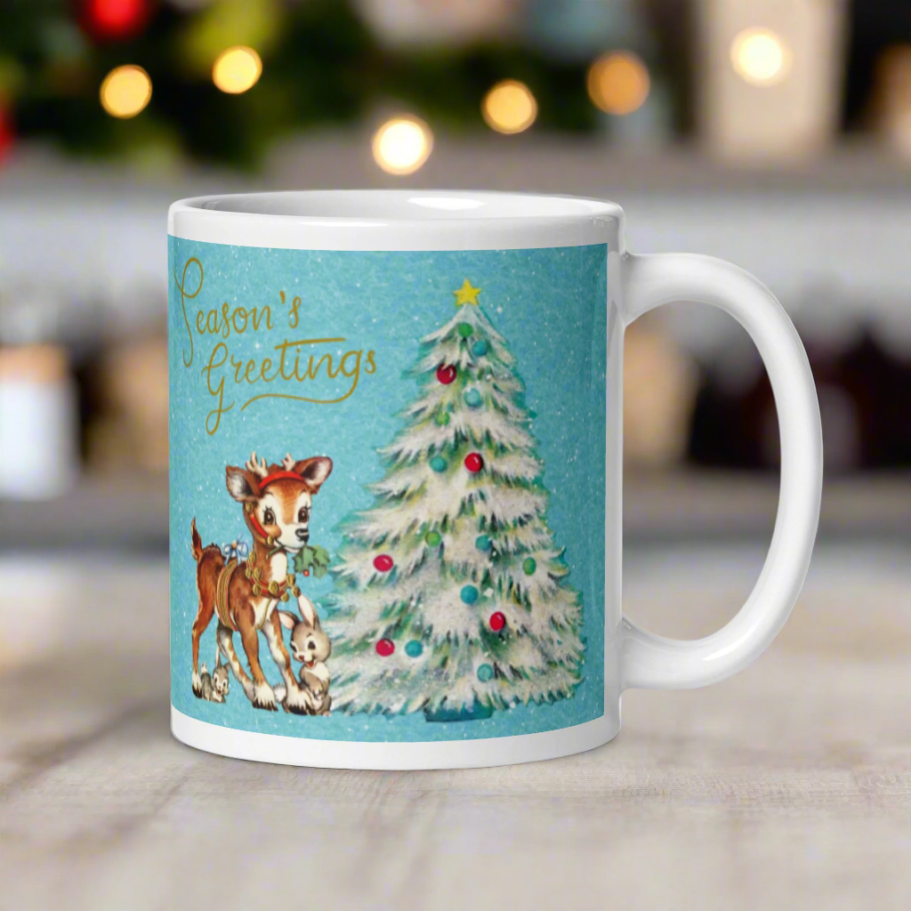 Seasons Greetings Reindeer Bunnies Retro Christmas Mug