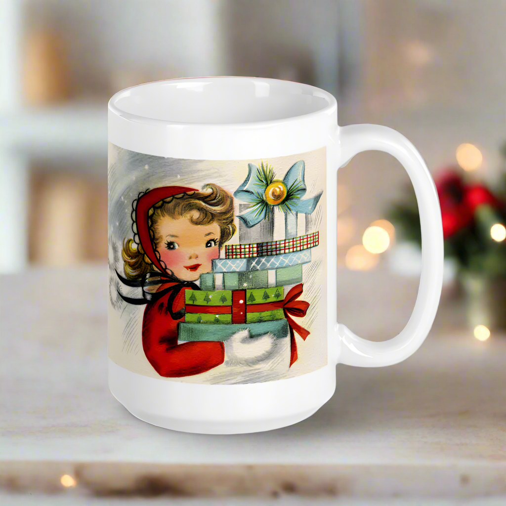 Retro Christmas Lady With Gifts Mid Century Retro Christmas Print White Glossy Coffee Mug