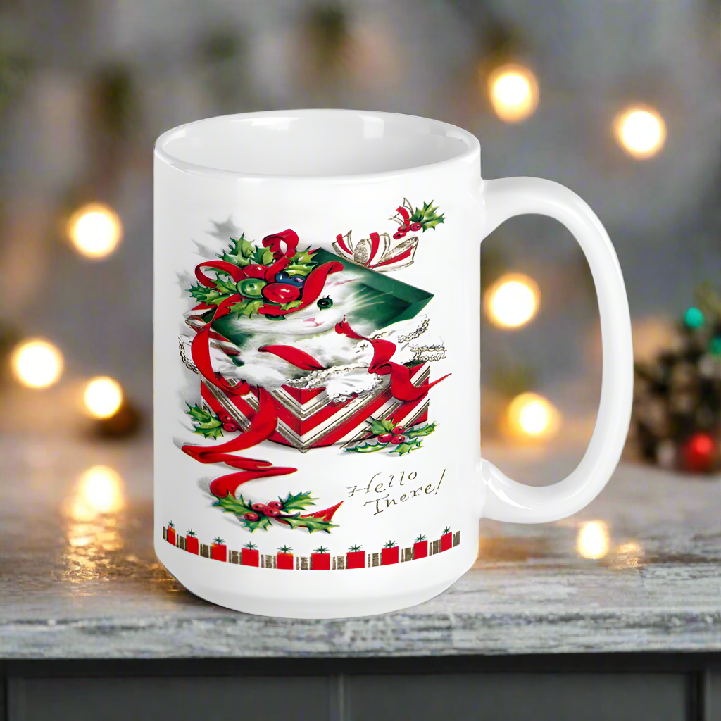 Christmas Kitten Hello There! Midcentury Retro Glossy Coffee Mug