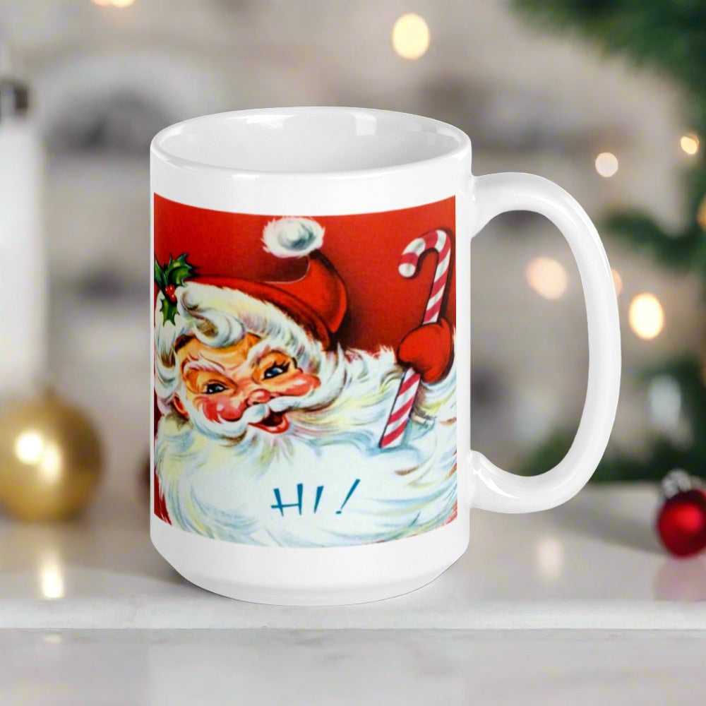 Hi! Santa Christmas Mug Mid Century Retro Christmas Print Glossy Mug