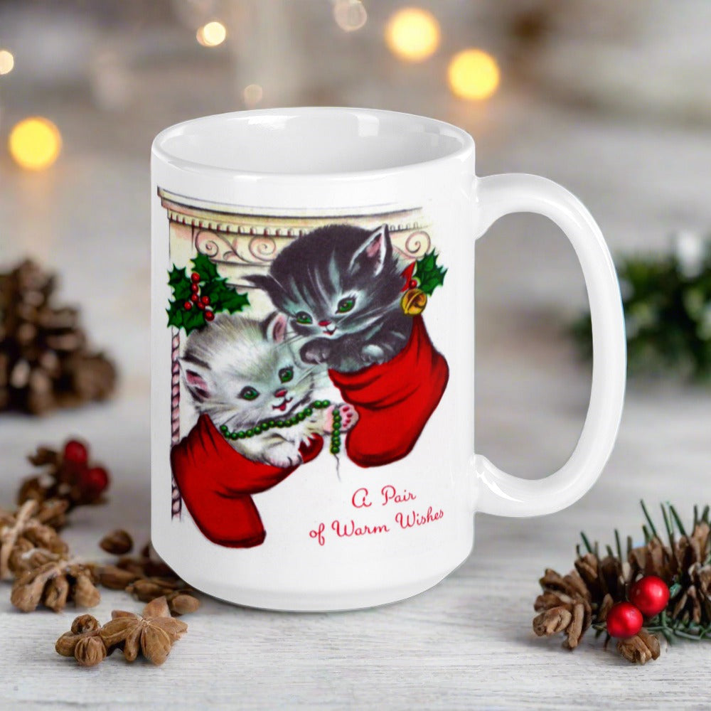 A Pair Of Warm Wishes Kittens In Stockings Retro Vintage Christmas Print Glossy Coffee Mug