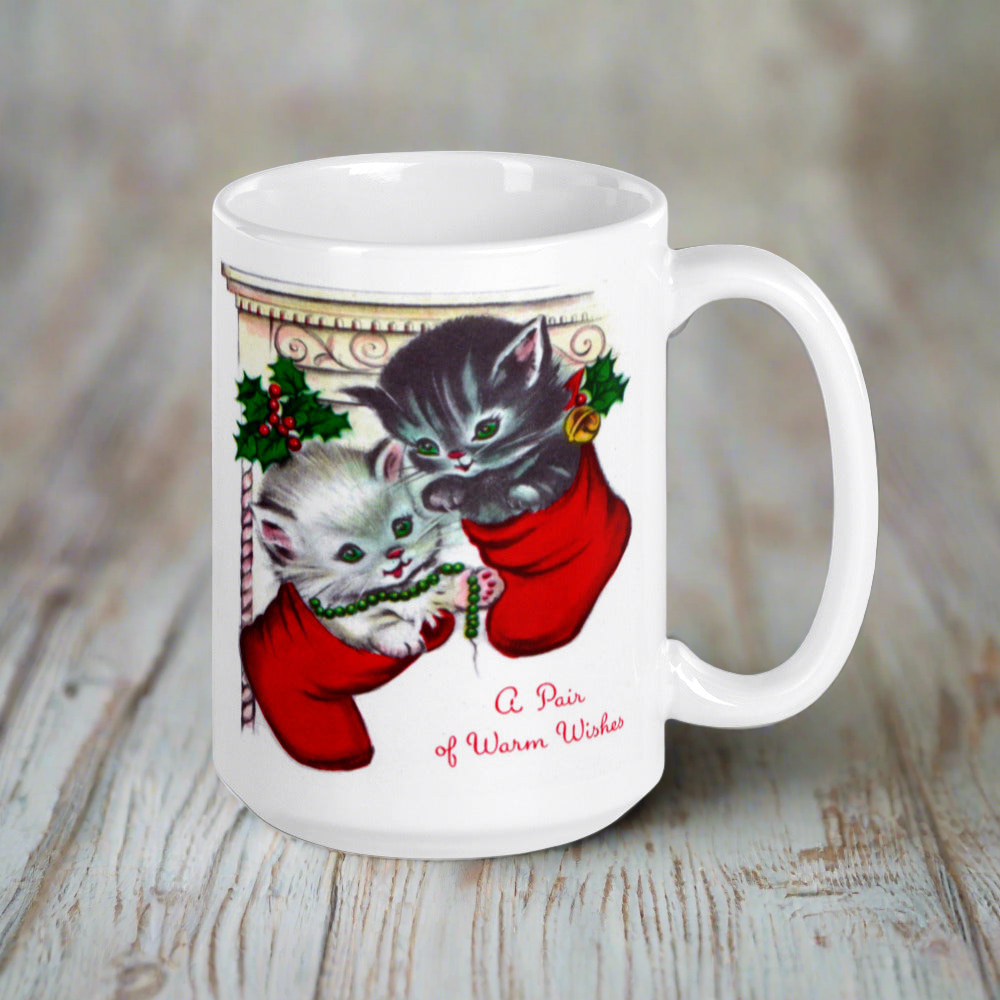 A Pair Of Warm Wishes Kittens In Stockings Retro Vintage Christmas Print Glossy Coffee Mug