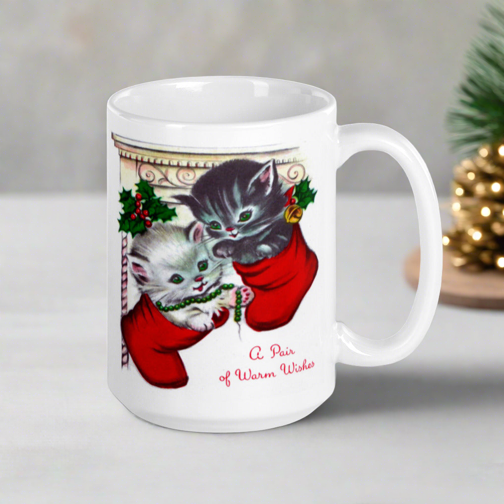 A Pair Of Warm Wishes Kittens In Stockings Retro Vintage Christmas Print Glossy Coffee Mug