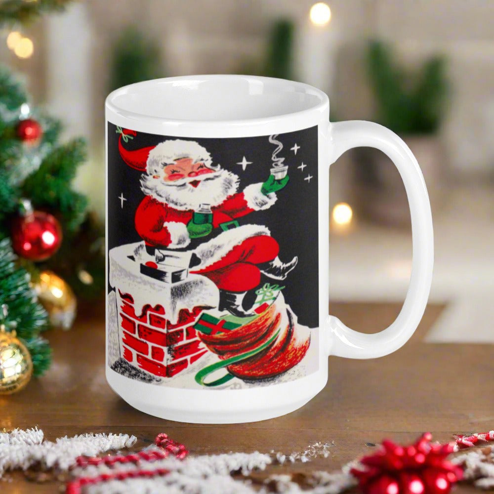 Santa On Chimney Mid Century Retro Christmas Print Glossy Mug