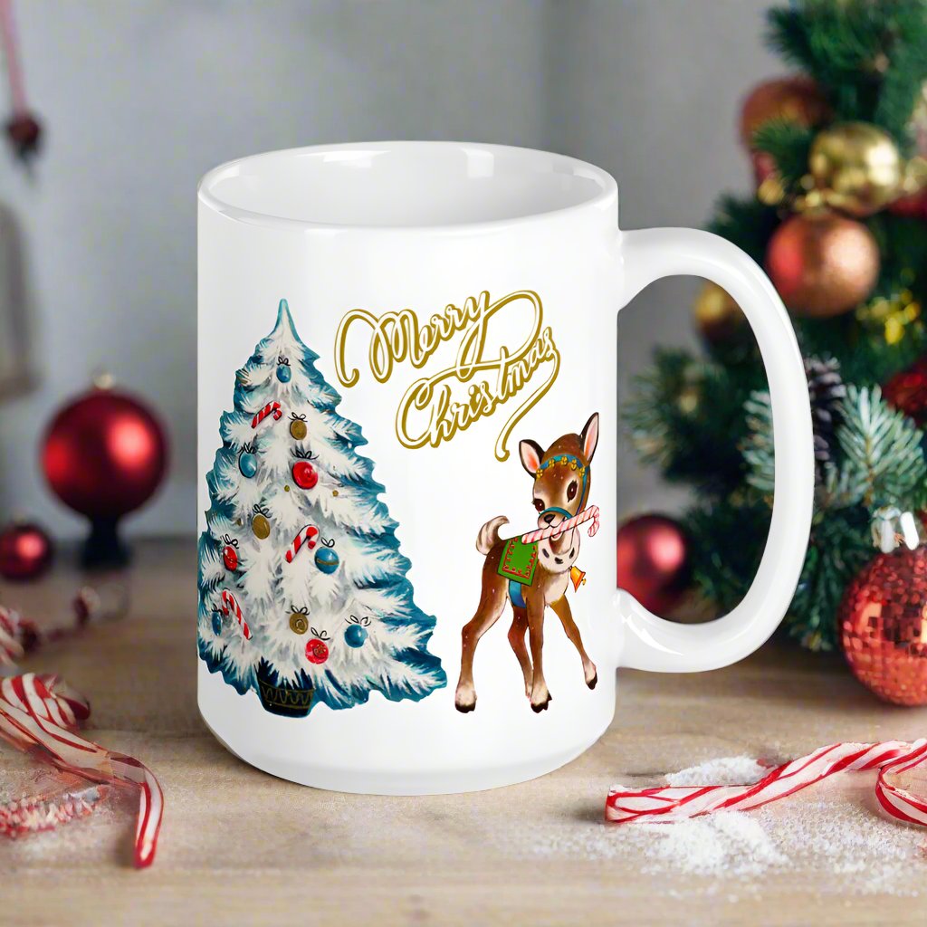 Merry Christmas Reindeer Tree Mid Century Retro Christmas Print Glossy Mug