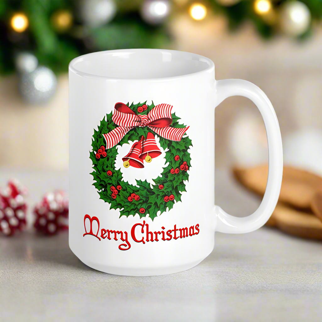 Vintage Style Merry Christmas Wreath Mid Century Retro Christmas Print Glossy Mug