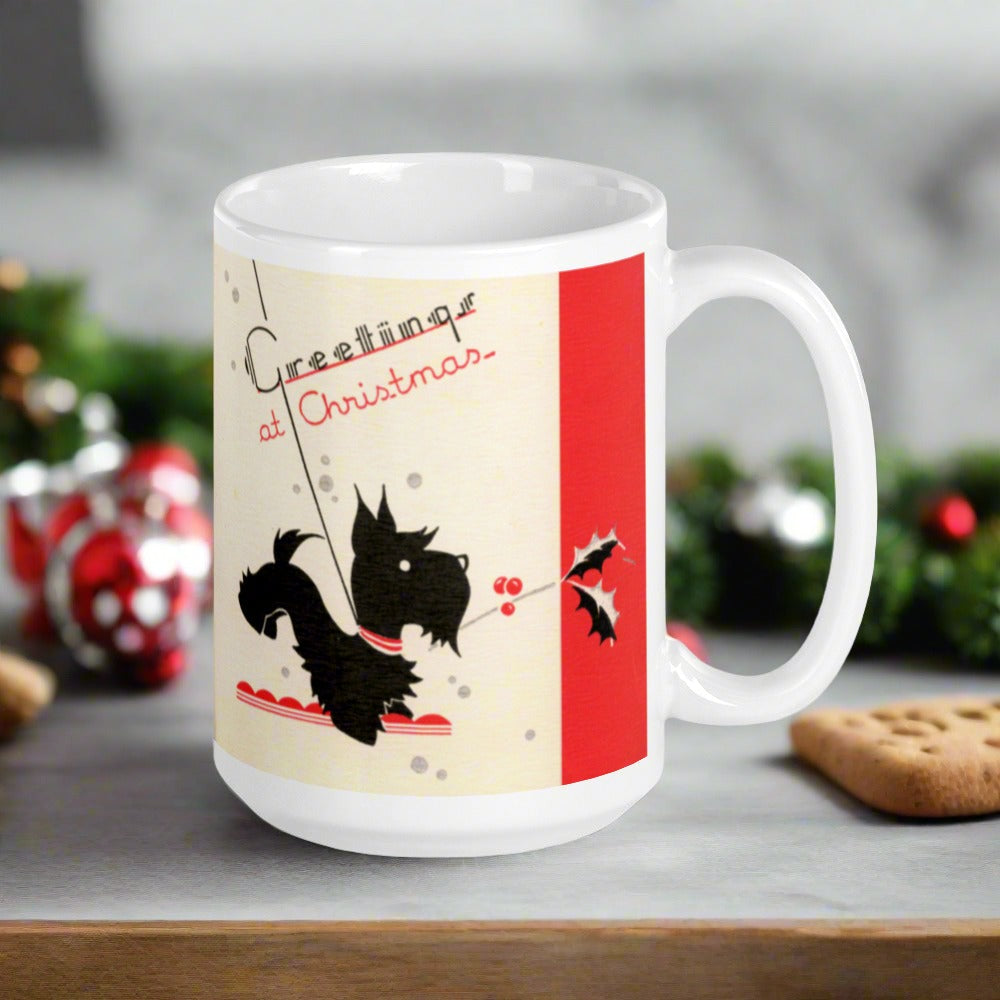 Greetings At Christmas Black Scottie Midcentury Christmas Coffee Mug