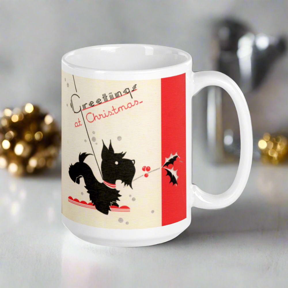 Greetings At Christmas Black Scottie Midcentury Christmas Coffee Mug