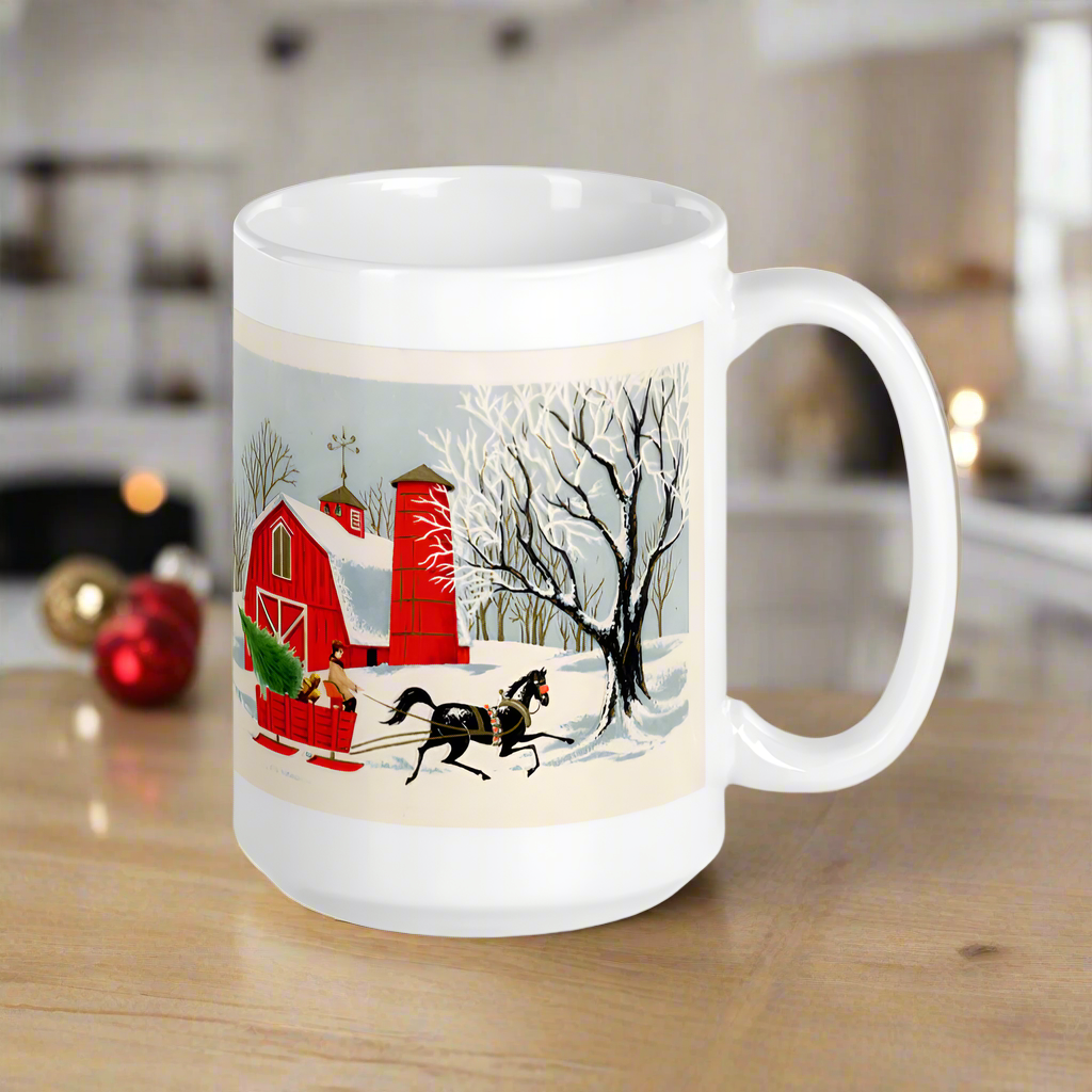 Country Barn Sleigh Ride Retro Christmas Glossy Coffee Mug