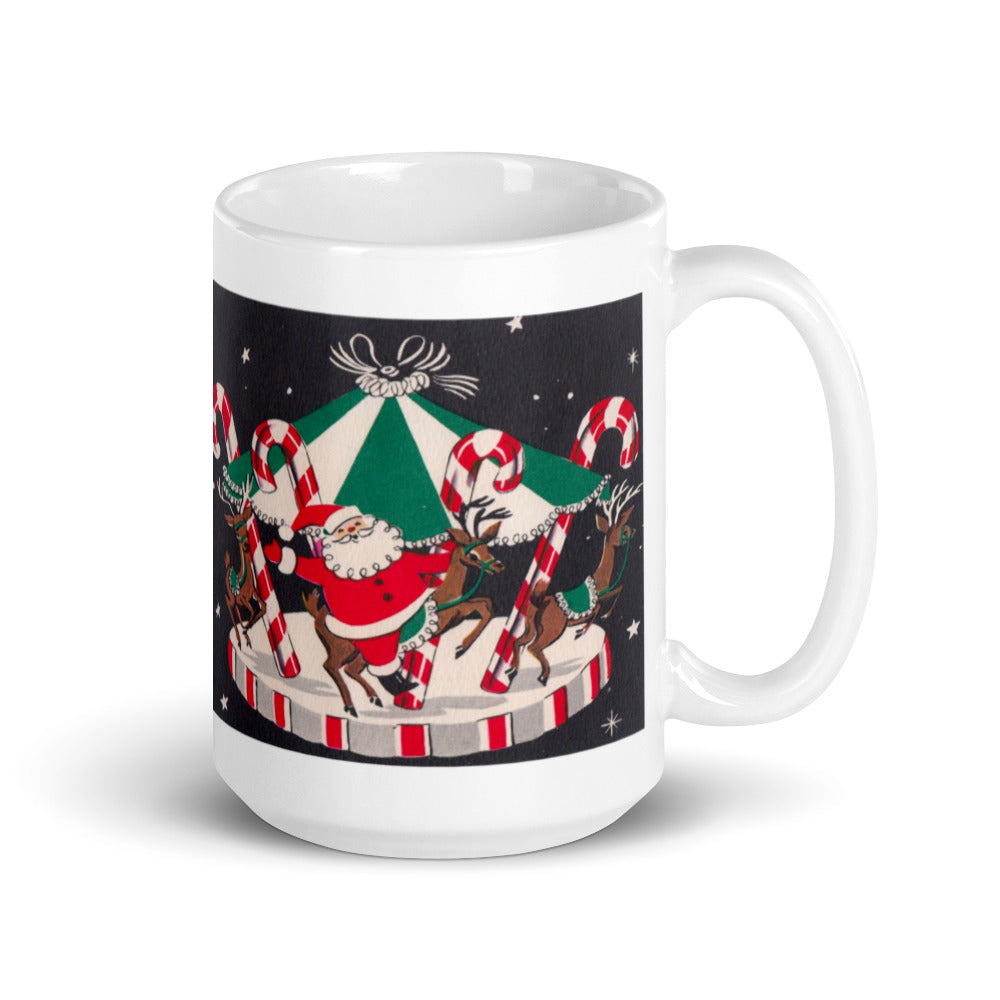 Santa And Reindeer On Candy Cane Carousel Mid Century Retro Christmas Print Glossy Mug