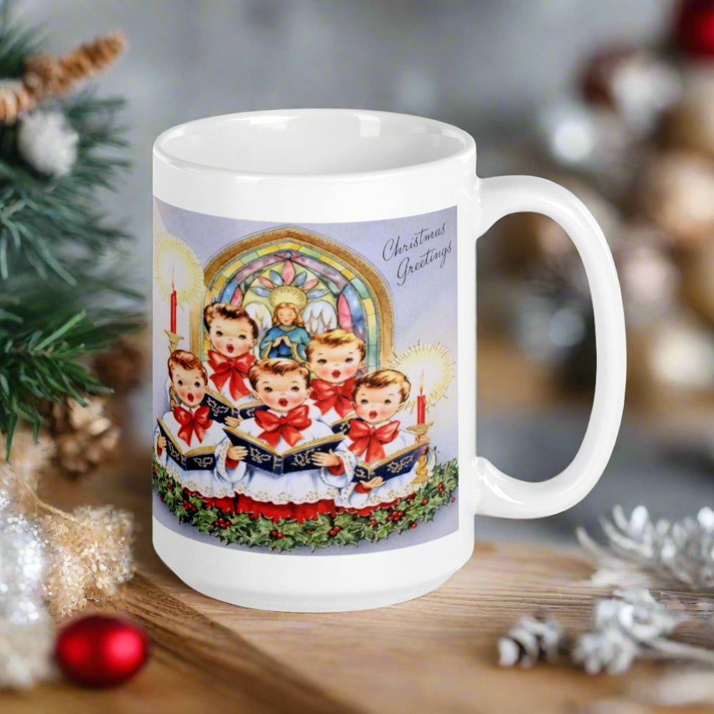 Christmas Greetings Children's Choir Of Carolers Mid Century Retro Christmas Coffee Mug