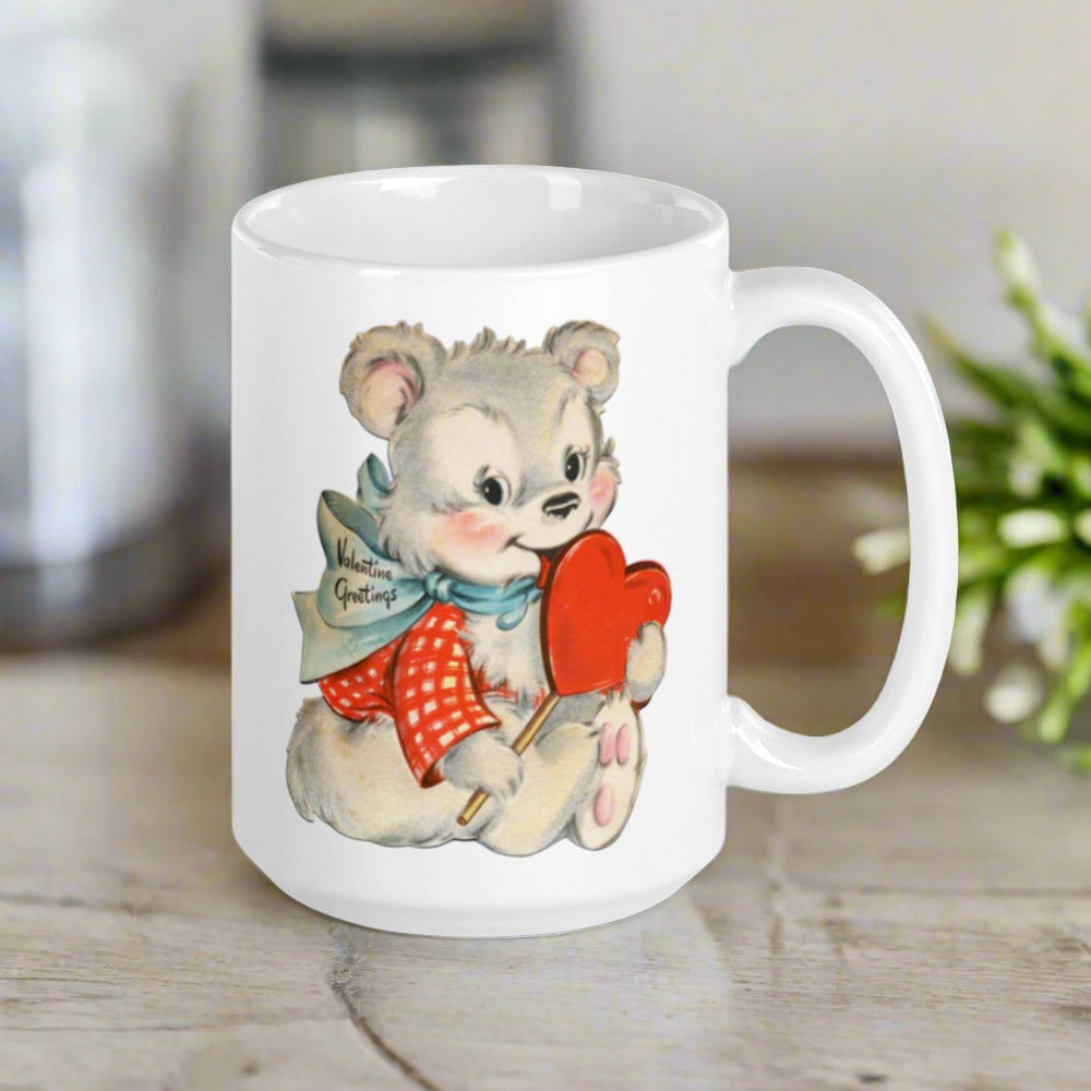 Valentine's Greetings Cute White Bear Heart Retro Midcentury Coffee Mug