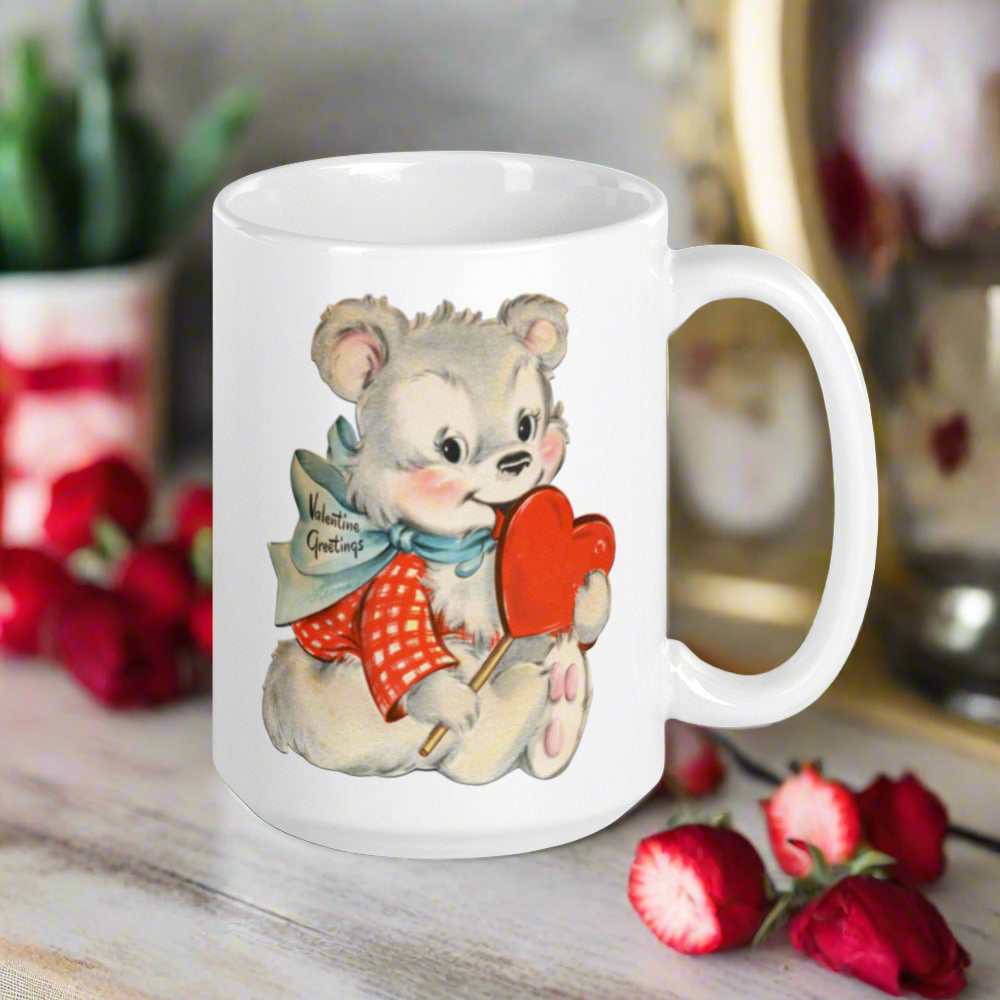 Valentine's Greetings Cute White Bear Heart Retro Midcentury Coffee Mug
