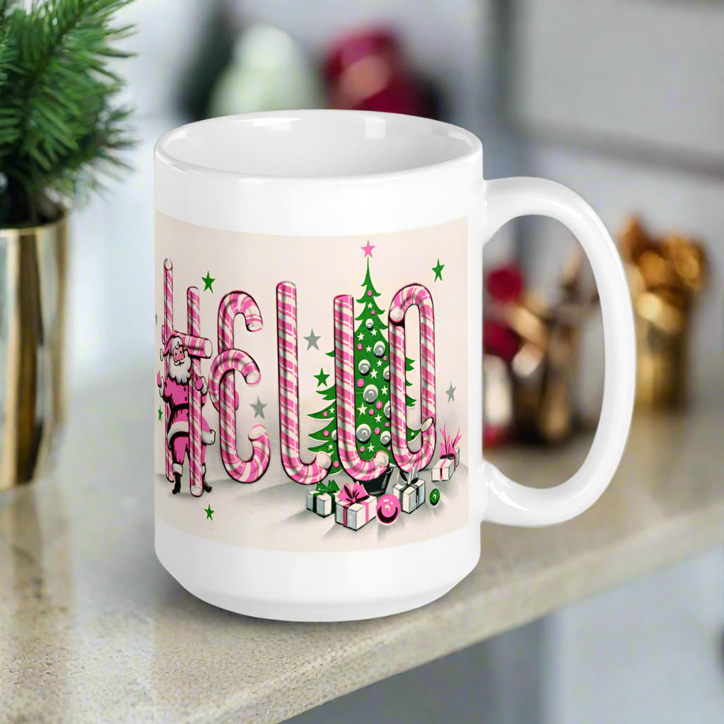 Hello Santa Midcentury Retro Pink Christmas Glossy Coffee Mug