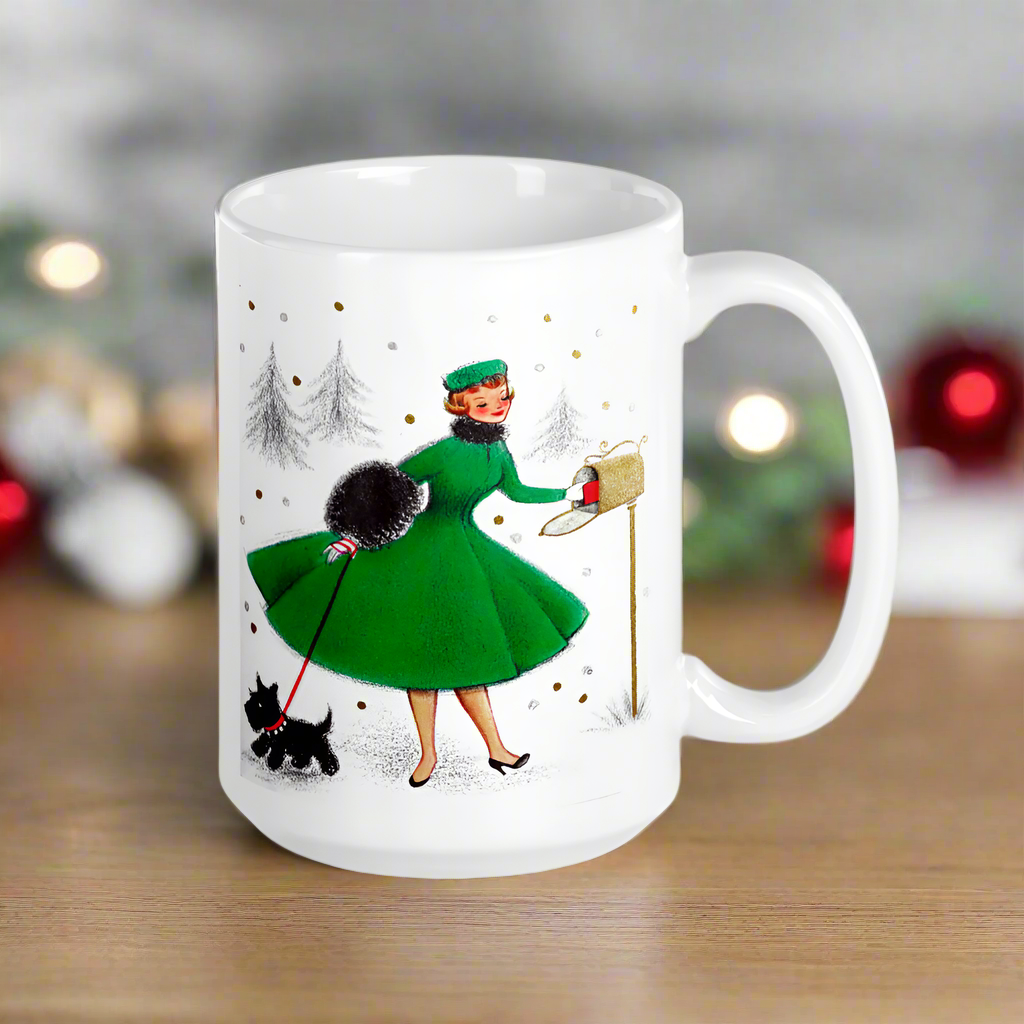 Christmas Lady With Black Scottie Dog At Mailbox Mid Century Retro Christmas Print Glossy Mug