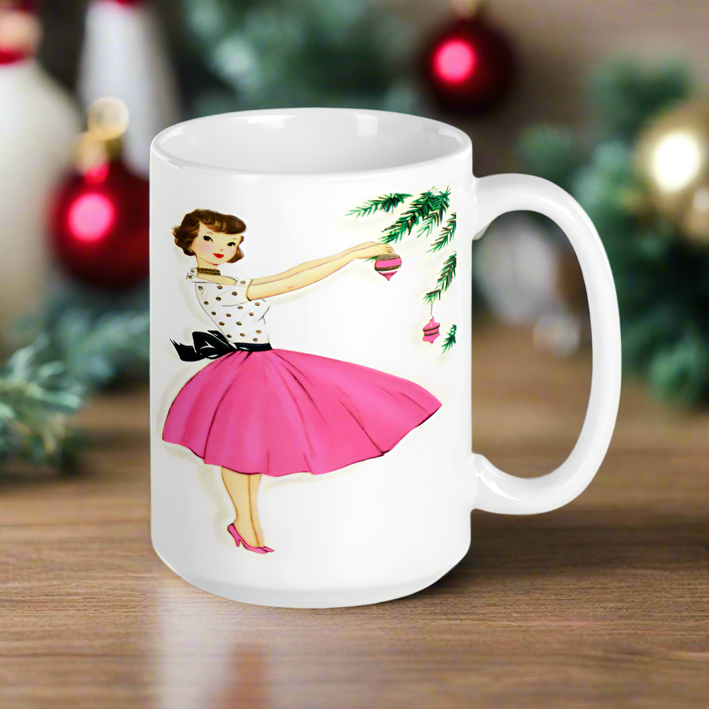 Christmas Lady Decorating Tree Pink Mid Century Retro Christmas Print Glossy Mug