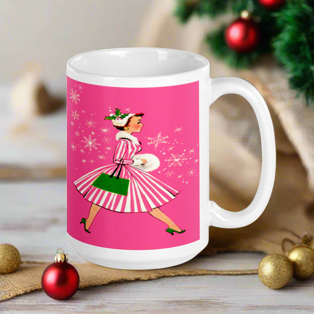Pink Christmas Lady Mid Century Retro Christmas Print Glossy Mug