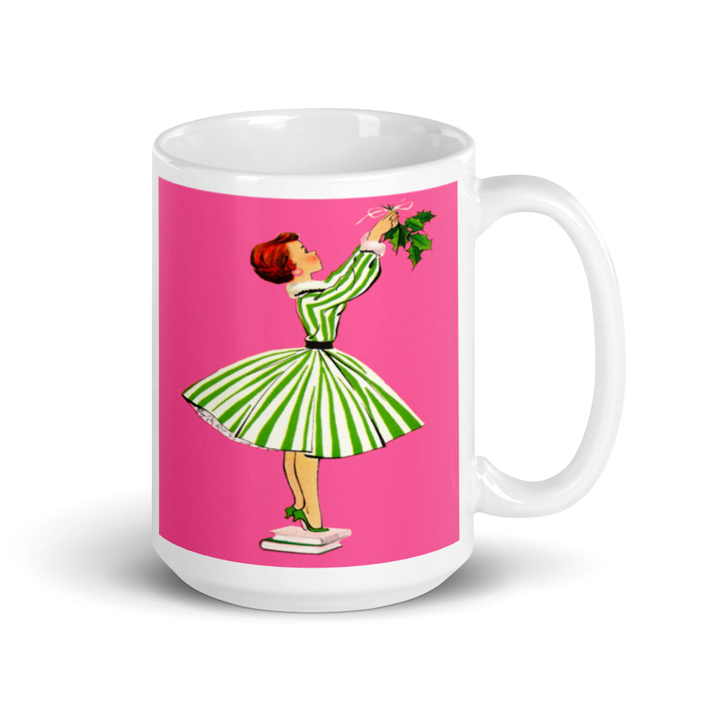 Christmas Lady Hanging Mistletoe Pink Mid Century Retro Christmas Print White Glossy Coffee Mug