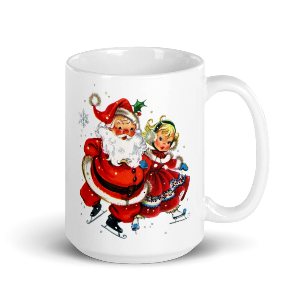 Santa Ice Skating With Girl Mid Century Retro Christmas Print Glossy Mug