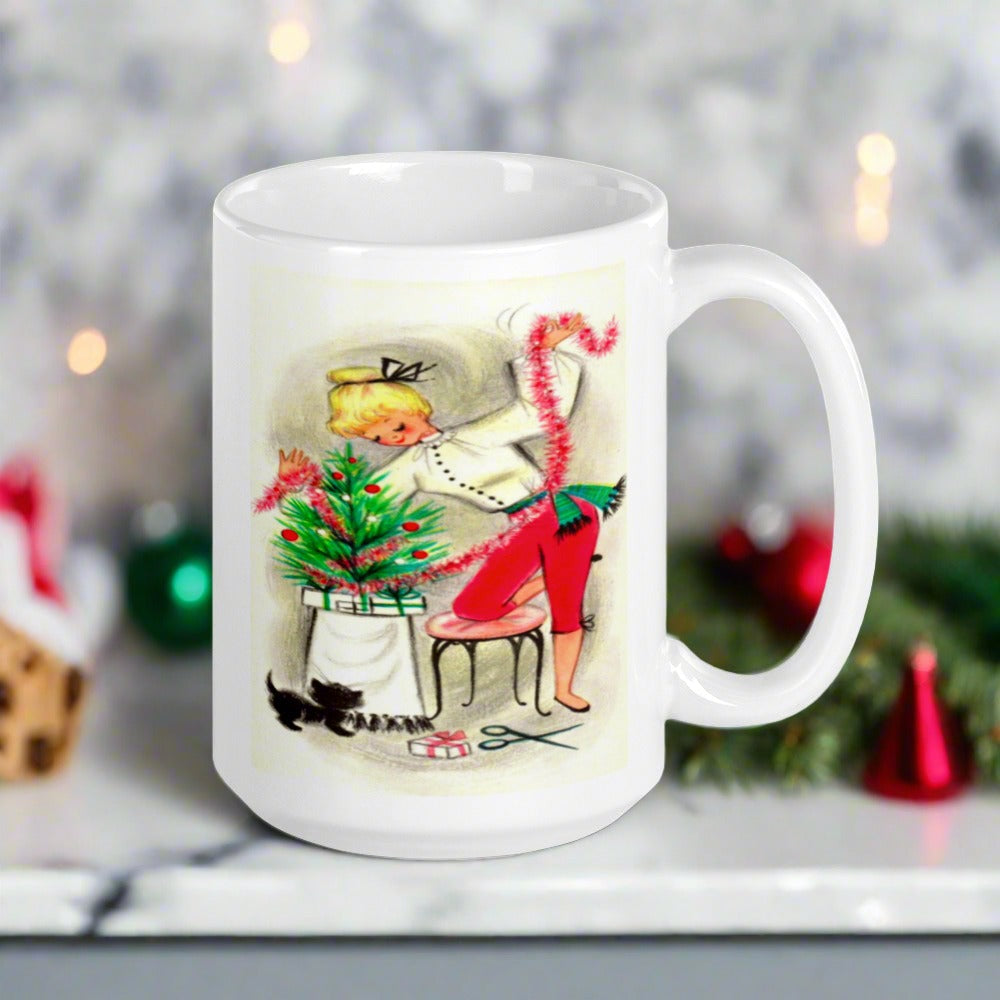Christmas Lady And Dog Decorating Tree Retro Christmas Glossy Coffee Mug
