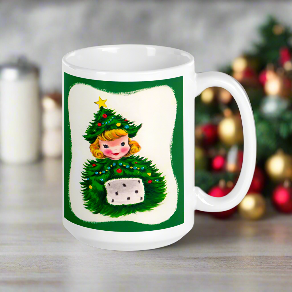 Christmas Tree Hat Girl Midcentury Retro Christmas Glossy Coffee Mug