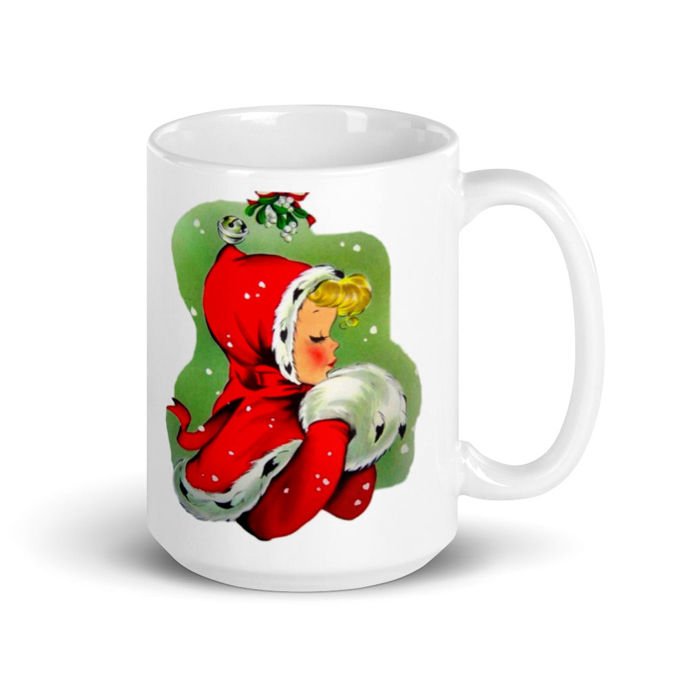Woman Under Mistletoe Mid Century Retro Christmas Print Glossy Mug