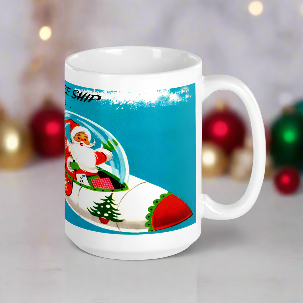 Santa Spaceship Rocket Midcentury Retro Christmas Glossy Coffee Mug