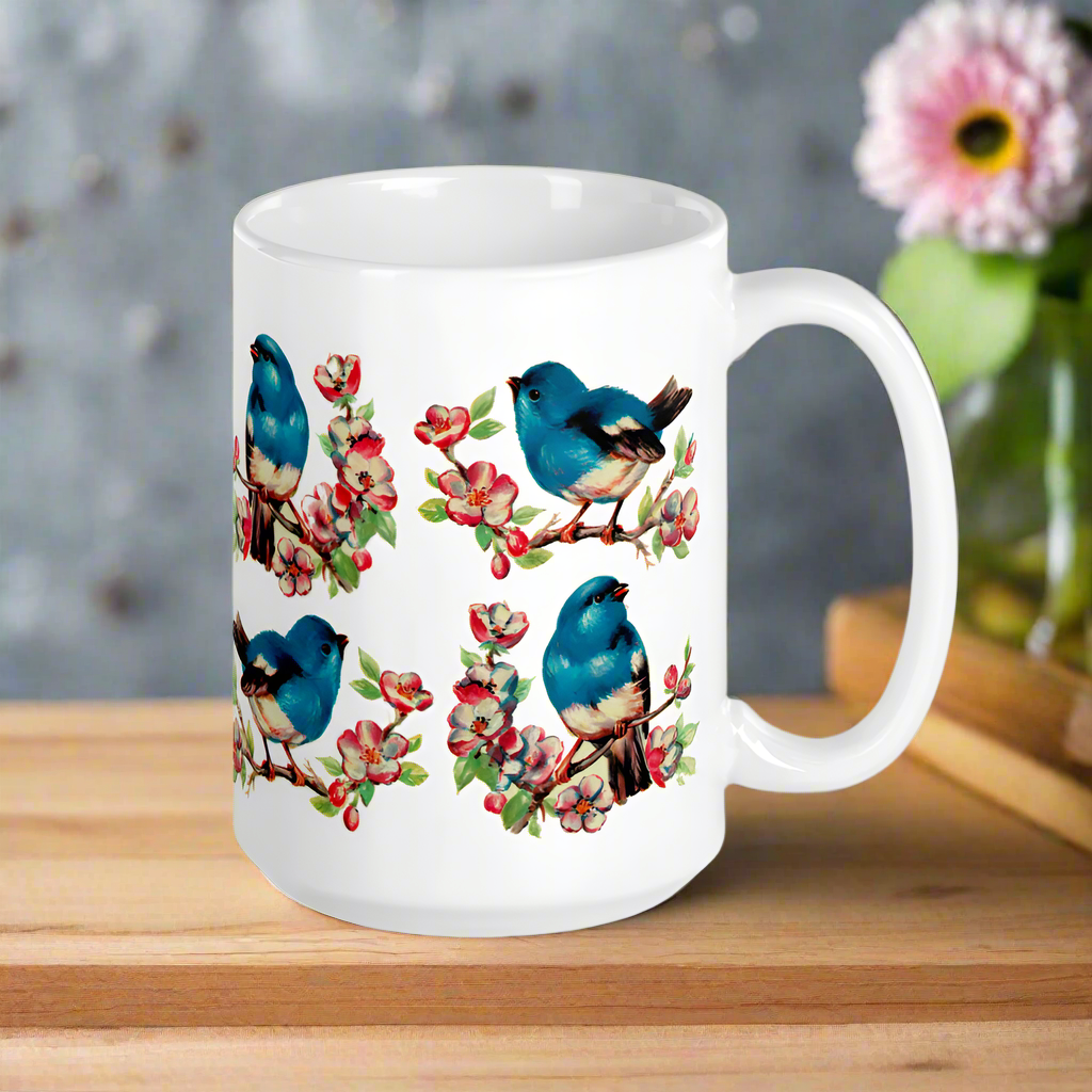 Vintage Style Retro Spring Bluebirds Glossy Coffee Mug