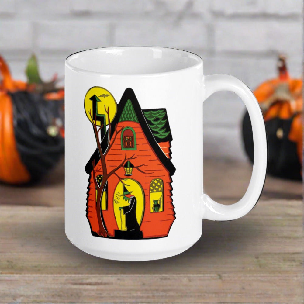 Halloween Witch House Black Cat Yellow Moon Vintage Retro Print Glossy Coffee Mug