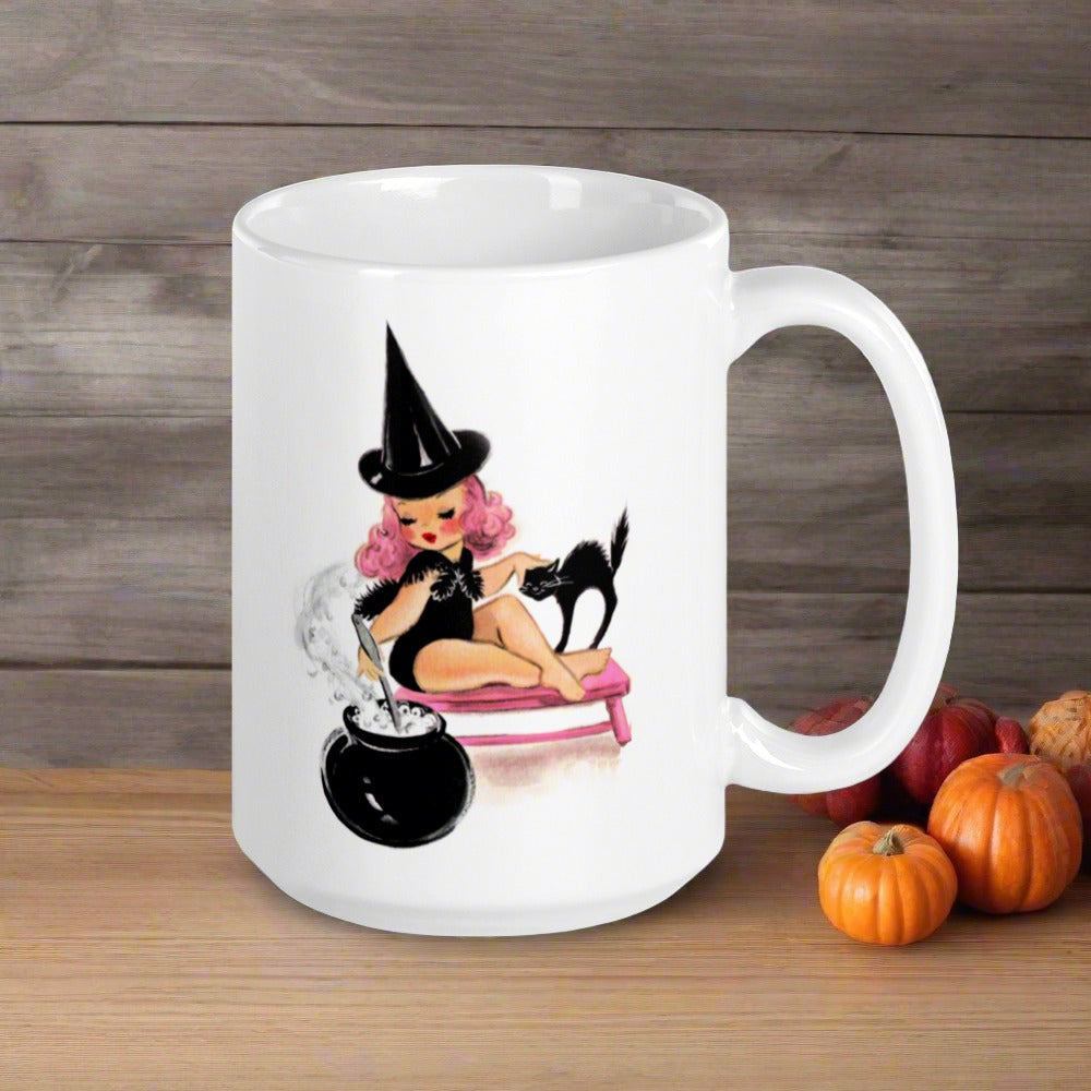 Pink Witch With Black Cat And Caulderon Halloween Retro Print Glossy Mug