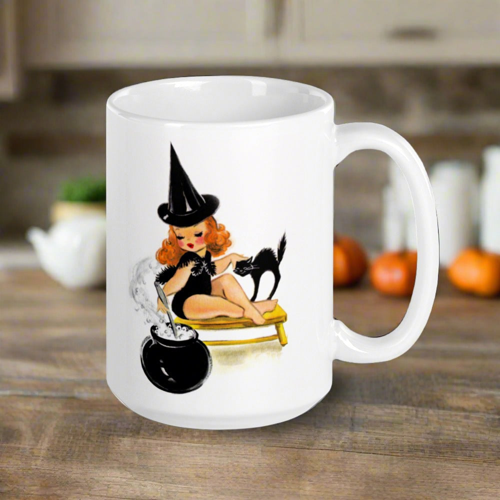 Orange Witch Black Cat Retro Halloween Print Mug
