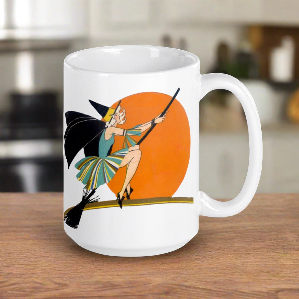 Flying Flapper Witch On Broom Orange Moon Retro Halloween Print Glossy Mug