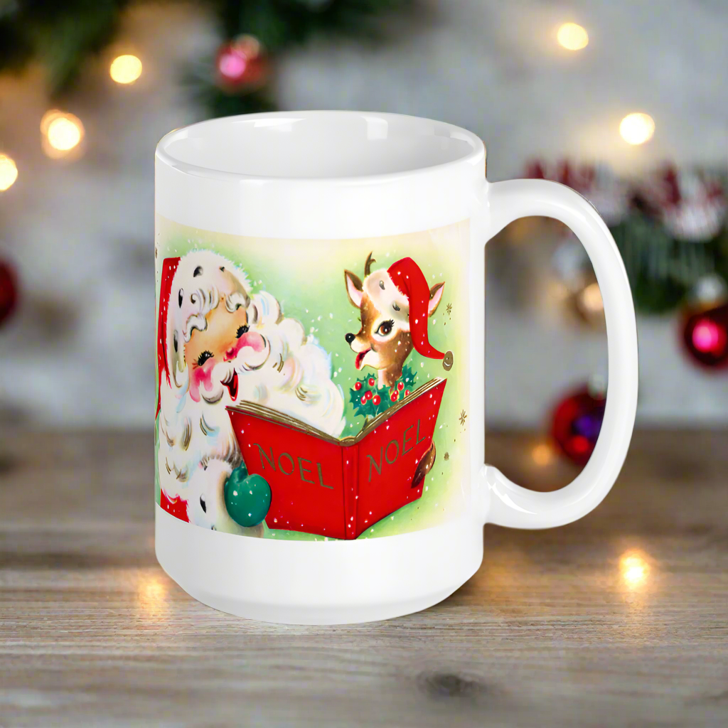 Santa Reindeer Noel Book Retro Christmas Glossy Coffee Mug