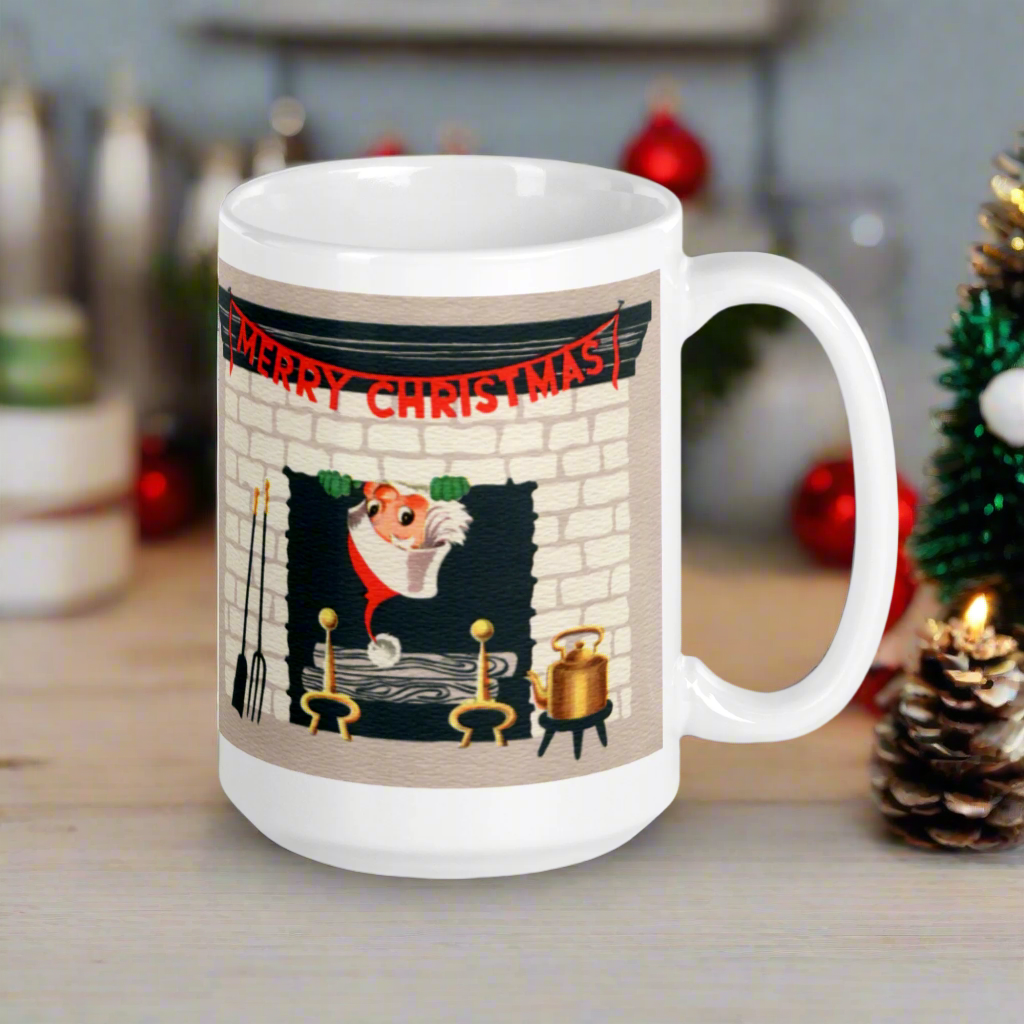 Merry Christmas Santa In Fireplace Midcentury Retro Glossy Coffee Mug