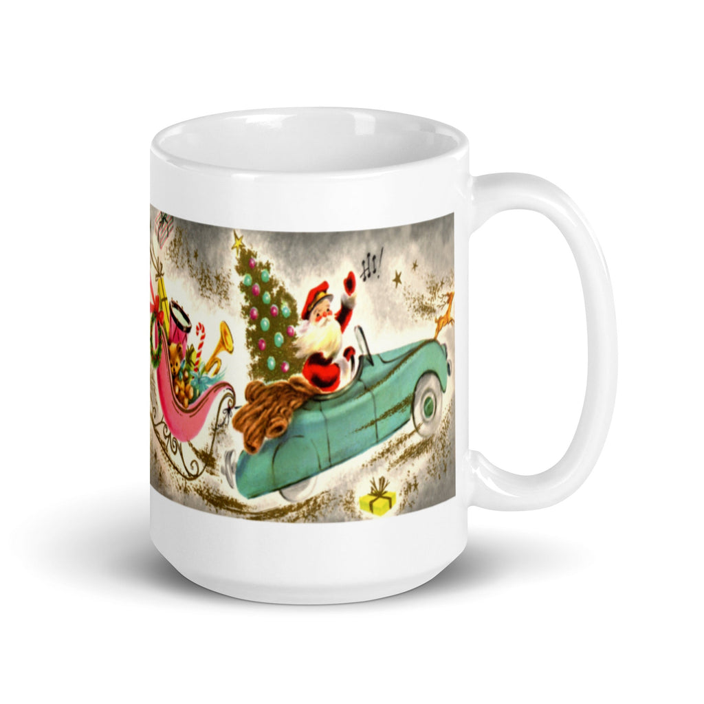 Santa Sleigh Mid Century Retro Christmas Print Glossy Mug