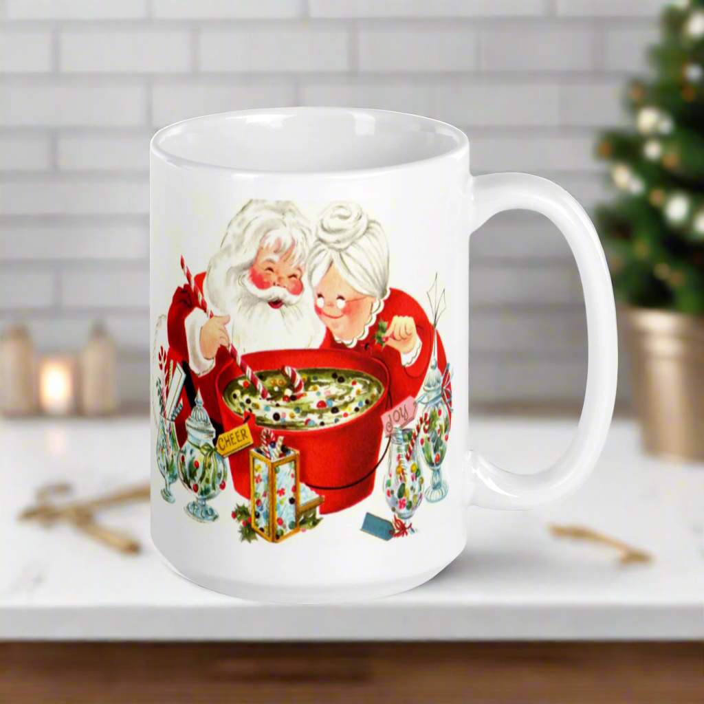 Santa And Mrs Claus Making Christmas Cheer Mid Century Retro Christmas Print Glossy Mug
