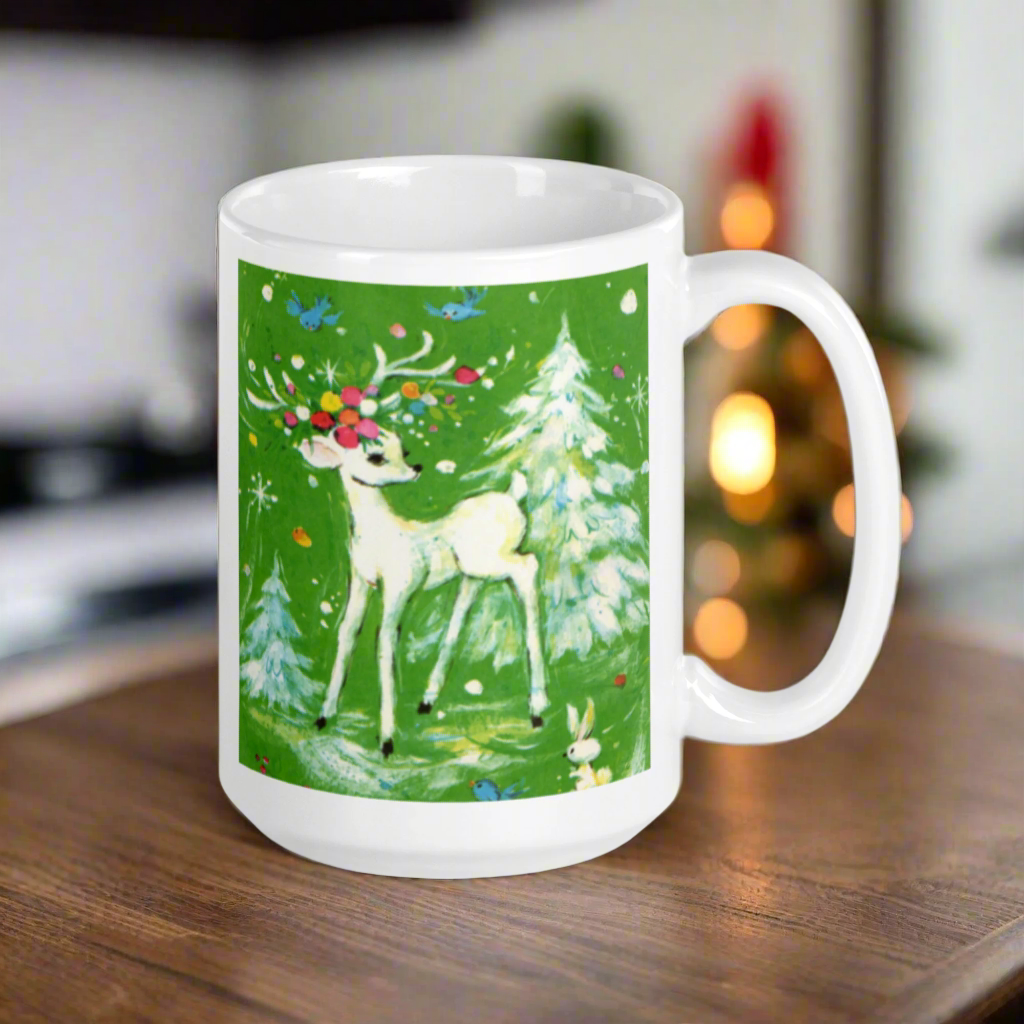 White Reindeer With Ornaments Woodland Winter Mid Century Retro Christmas Print Glossy Mug